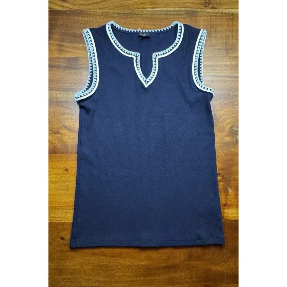 Talbots Women's XS Navy Blue Ribbed Sweater Vest Split Neck Embroidered Trim
